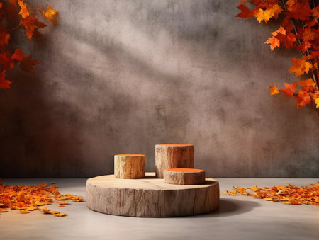 Wooden podium for product presentation with autumn leaves. 3d renderの素材