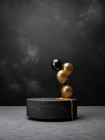 Black and gold balloons on dark background with copy space. 3d renderの素材