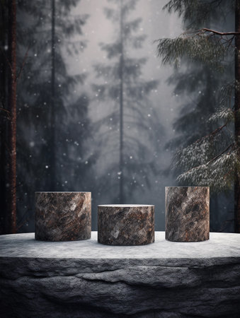 Podium for product display on winter forest background. 3d renderの素材