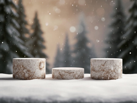 3d rendering of three marble podiums in snowy landscape with fir treesの素材