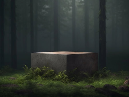 Wooden pedestal in the dark forest. 3D Renderingの素材
