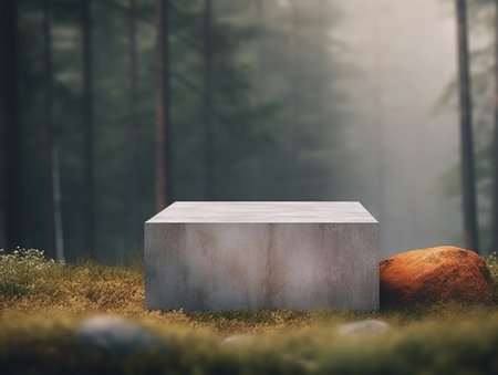 pedestal in the forest with fog. 3d renderingの素材