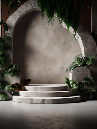 3d rendering of marble stage with green plants and stone wall backgroundの素材