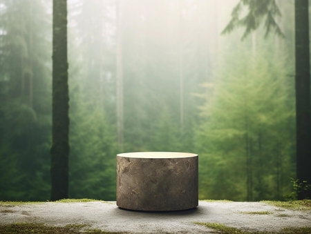 Wooden pedestal in the forest with fog. 3d renderingの素材