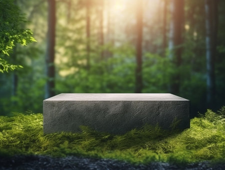 Empty stone platform in the green forest. 3d rendering mock upの素材