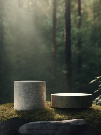 Wooden podium on green moss in the forest. 3d renderの素材