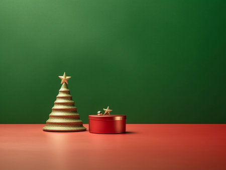 Christmas tree with gift box on red and green background, 3d renderの素材