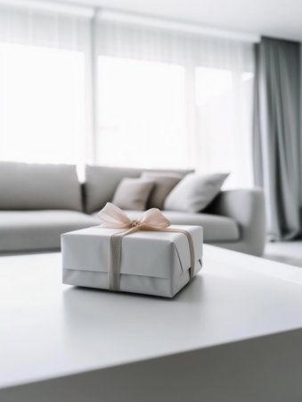 White gift box on the table in the living room, stock photoの素材