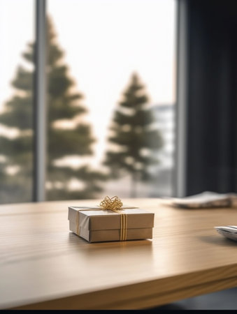 Gift box on the table with christmas tree in the backgroundの素材