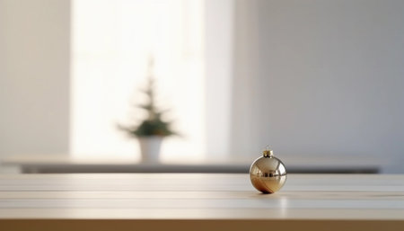 Christmas tree and golden bauble on wooden table in front of windowの素材