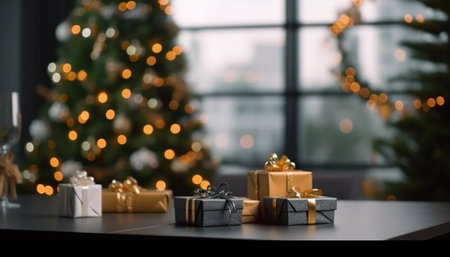 Christmas and New Year holidays background. Christmas tree and gifts on a black table.の素材