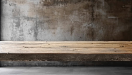 Empty wood table top on grunge concrete background. For product displayの素材