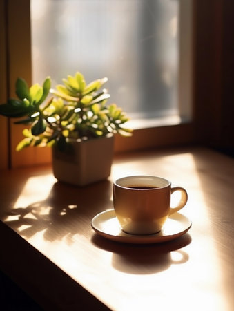 Cup of coffee on the windowsill in the morning light.の素材