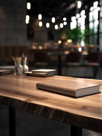 Book on wooden table in cafe, closeup. Space for textの素材