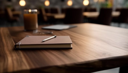 Notebook and pen on a wooden table in a cafe, selective focusの素材