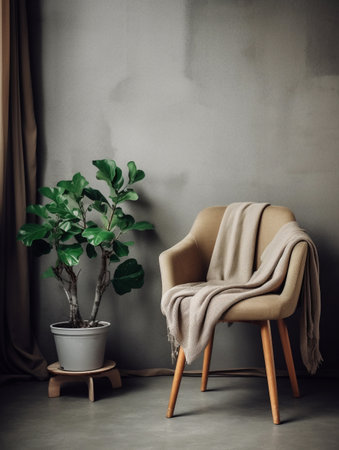 green plant in pot on wooden chair near grey wall in living roomの素材