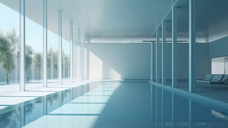 Interior of a modern office building with blue walls and floor. 3d renderingの素材