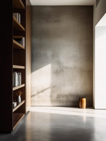 Interior of modern living room with gray walls, concrete floor, wooden bookcase and bookcase. 3d renderingの素材