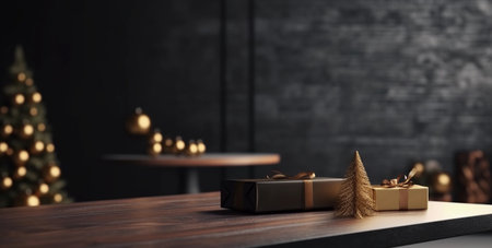 Christmas gift boxes on the wooden table in modern living room. 3D renderingの素材