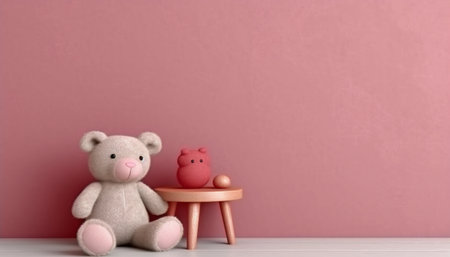 Teddy bear on table and pink wall background. 3d renderingの素材