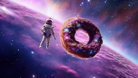 Astronaut in outer space. Donut with glaze.の素材