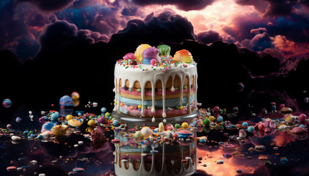 Birthday cake with multicolored candies on a dark backgroundの素材
