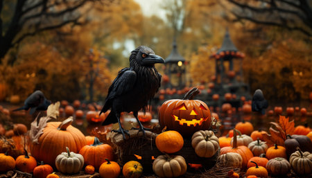 Halloween background with pumpkins, jack o lanterns and crowの素材