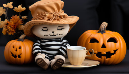 Halloween pumpkin doll and cup of coffee on black sofa with black backgroundの素材