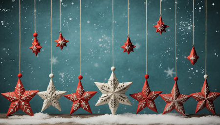 Christmas decoration with red stars and snowflakes on a blue backgroundの素材