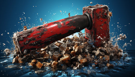 Red hammer breaking a pile of wood with water splashes on blue backgroundの素材