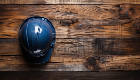 Construction helmet on a wooden background. View from above. Copy space.の素材