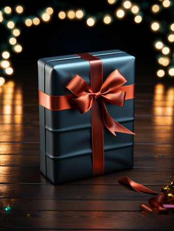 Gift box with red bow on a wooden background. 3d renderingの素材