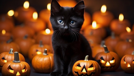 Cute black kitten sitting in front of pumpkins and candles.の素材