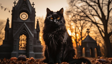 Black cat sitting on the ground in front of a church in autumnの素材