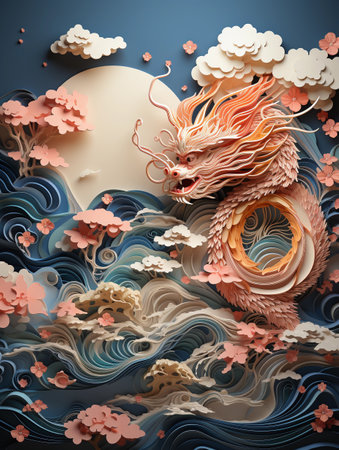 3D rendering of a dragon on a blue background with clouds and flowersの素材