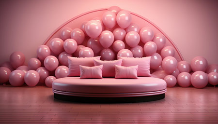 3d rendering of a pink sofa with pink balloons in the pink backgroundの素材