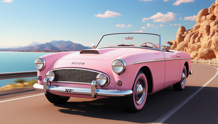 Classic pink cabriolet car on the road. 3D renderingの素材