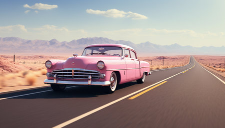 Classic car in pink on the road in the desert. 3d rendering.の素材