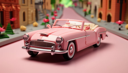 Miniature Classic car model on pink background. 3d illustration. Retro car.の素材