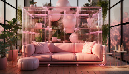 Interior of a cafe with pink leather sofas and flowersの素材