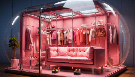 Clothing store showcase with pink sofa and shoes in the glass wall. 3d renderingの素材
