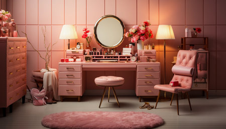 3d illustration of a dressing room with pink walls and a mirrorの素材