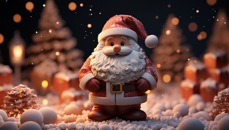 Santa Claus standing in the snow. Christmas background. 3D rendering.の素材