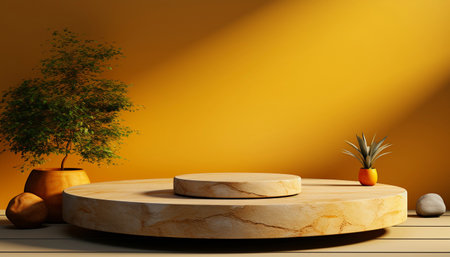 3d rendering of minimal scene with wooden podium and plant in potの素材