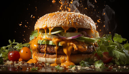 Close up of tasty cheeseburger with splash sauce on black backgroundの素材