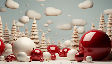 3d render of red and white christmas baubles and pine treesの素材