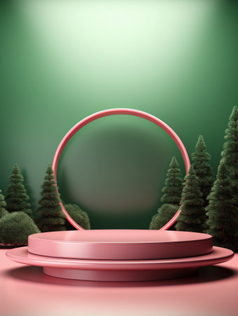 3d render, abstract minimal and modern christmas scene with pink round podium on green backgroundの素材