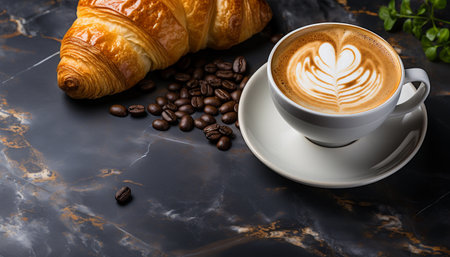 Cup of coffee with croissant and coffee beans on black marble table backgroundの素材
