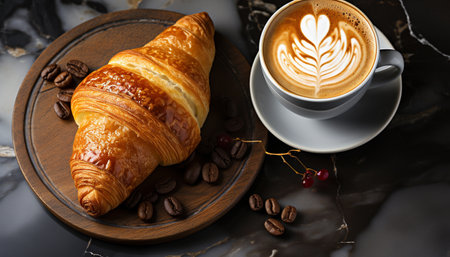 coffee latte and croissants on the wooden plate with coffee beans on the table, closeupの素材