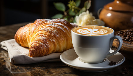 Coffee cup and croissants on wooden table in cafeの素材